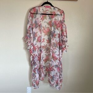 Betsey Johnson Pink Floral Sheer Kimono Swim Cover Duster OSFM